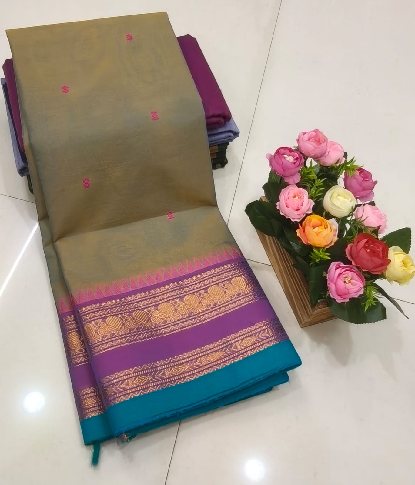 Olive Green Handmade Butta Kanchi Cotton Saree with Purple Zari Border